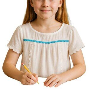 mini Boden Gauze Top Scoop Neck Short Sleeve Embroidered White  9-10 Years Old